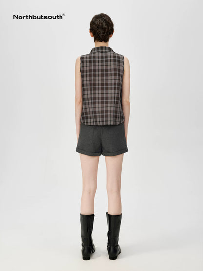 Japanese Checkered Sleeveless Vest Pleated Skirt Set