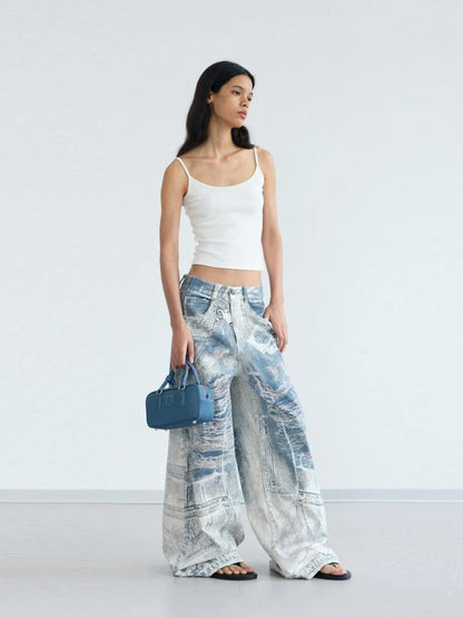 Kangli Printed 3 D Vintage Wide Leg Cotton Pants