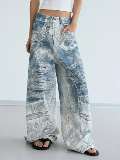 Kangli Printed 3 D Vintage Wide Leg Cotton Pants