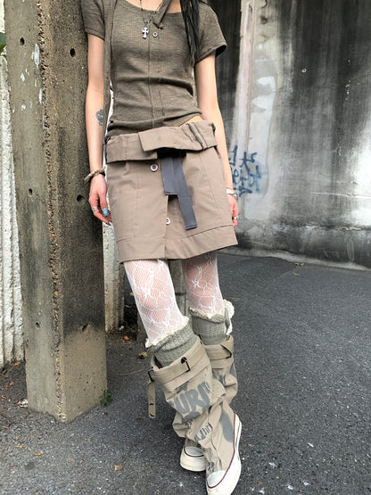 ang project Vintage Button Tie High Waist Flowy Denim Short Skirt