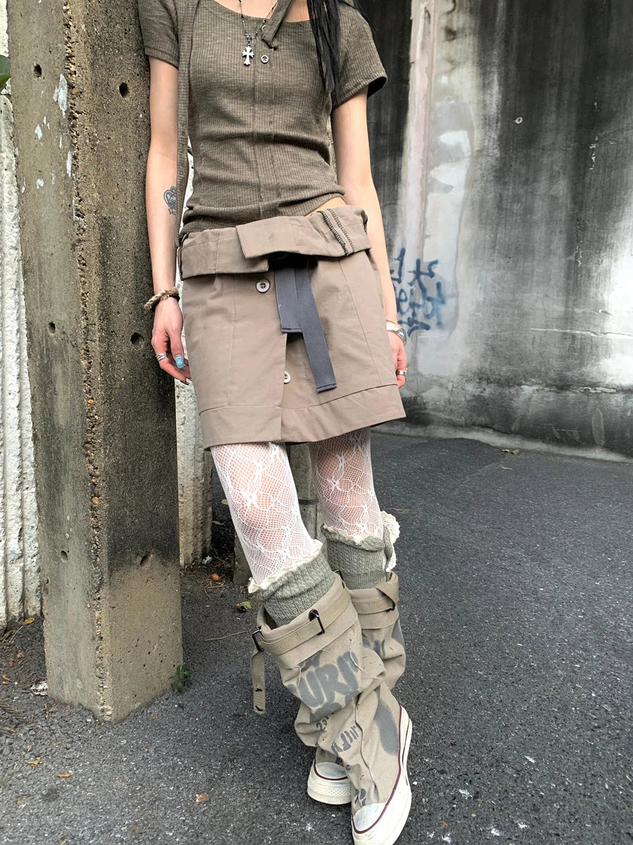 Vintage Button Tie High Waist Flowy Denim Short Skirt