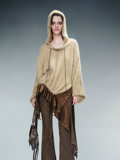 NN NORTH NODE Distressed Suede Panel Asymmetrical Knit Sweater