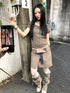 Updateang project Vintage Textured Ribbed Crew Neck Button Detail Tee With Scarf