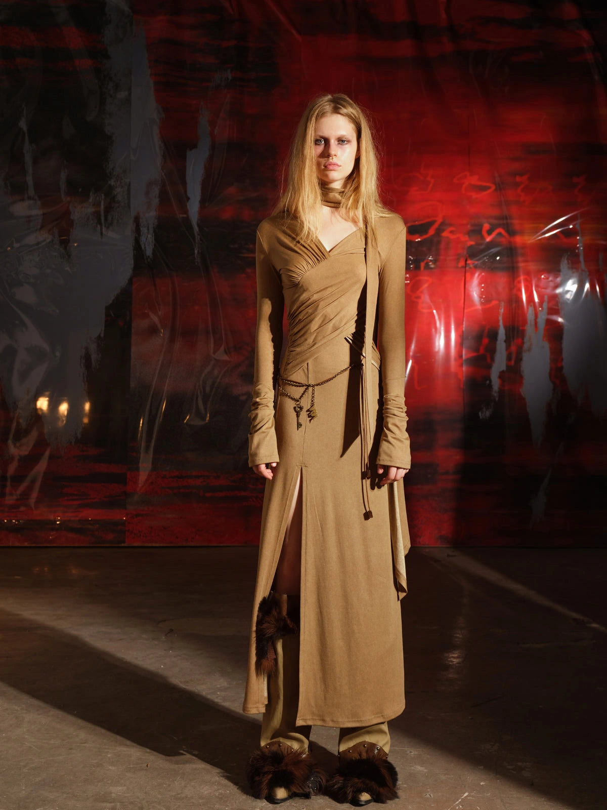 V-Neck Pleated Split Rayon Dress With Waist Chain