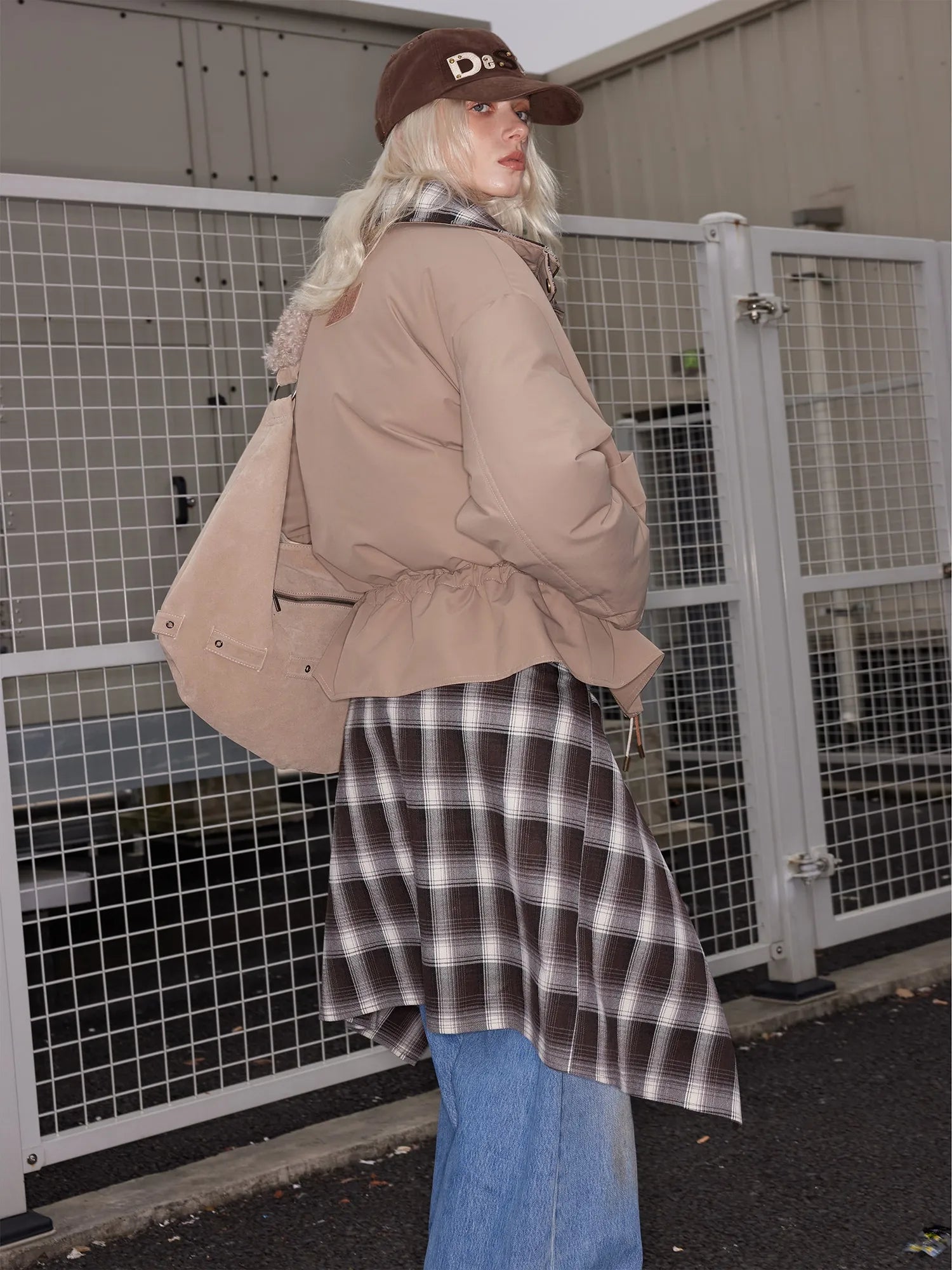 Quilted Hooded Short Puffer Jacket With Plaid Trim