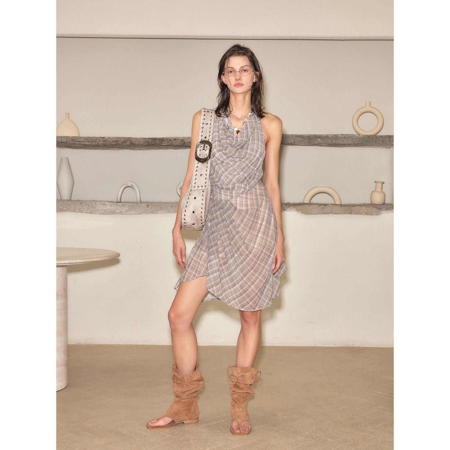 2th Desire Vintage Plunge Neck Backless Lace Midi Dress with Sheer Details