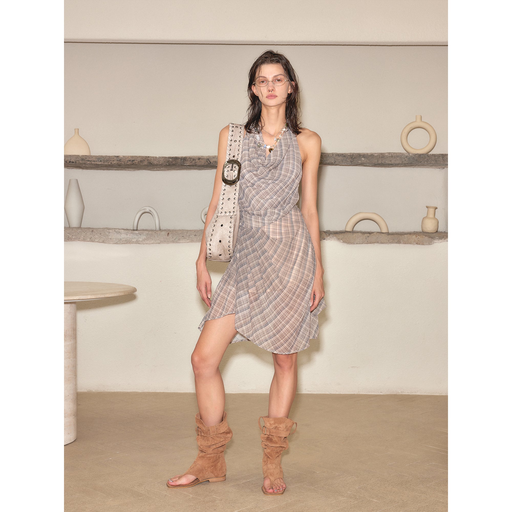 2th Desire Vintage Plunge Neck Backless Lace Midi Dress with Sheer Details