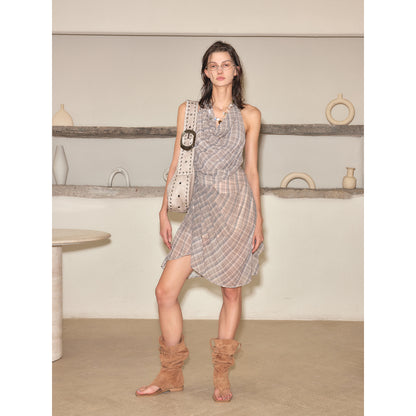 2th Desire Vintage Plunge Neck Backless Lace Midi Dress with Sheer Details