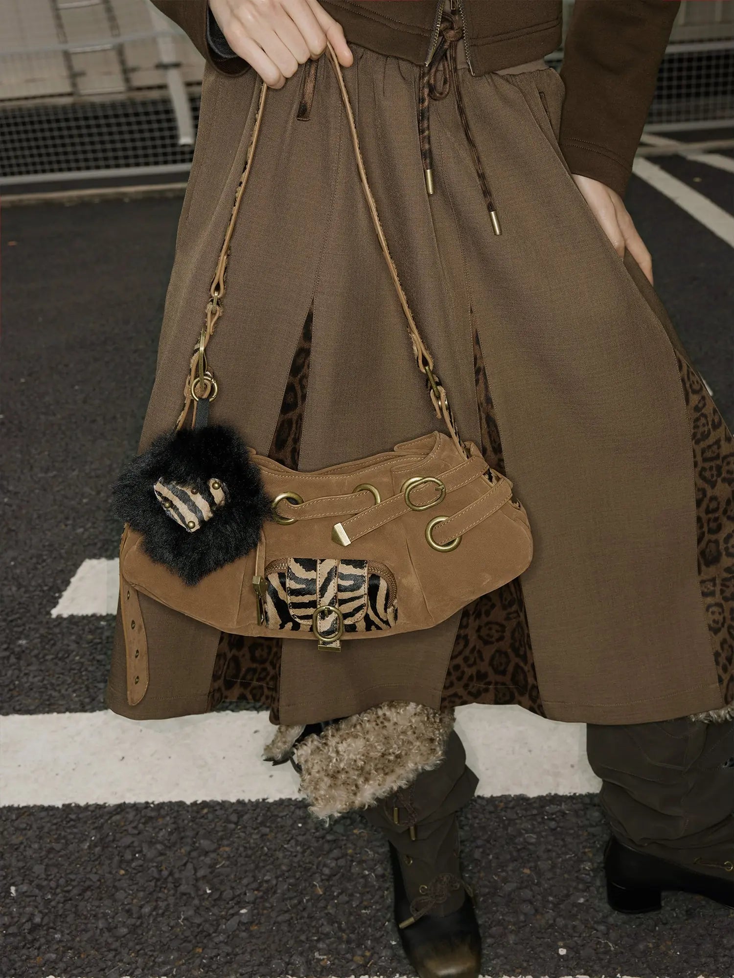 Punk Studded Horsehair Leather Crossbody Bag With Detachable Keychain