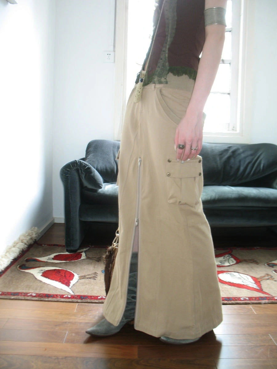 Vintage Cargo Pocket Wrap Maxi Skirt With Dual Zippers