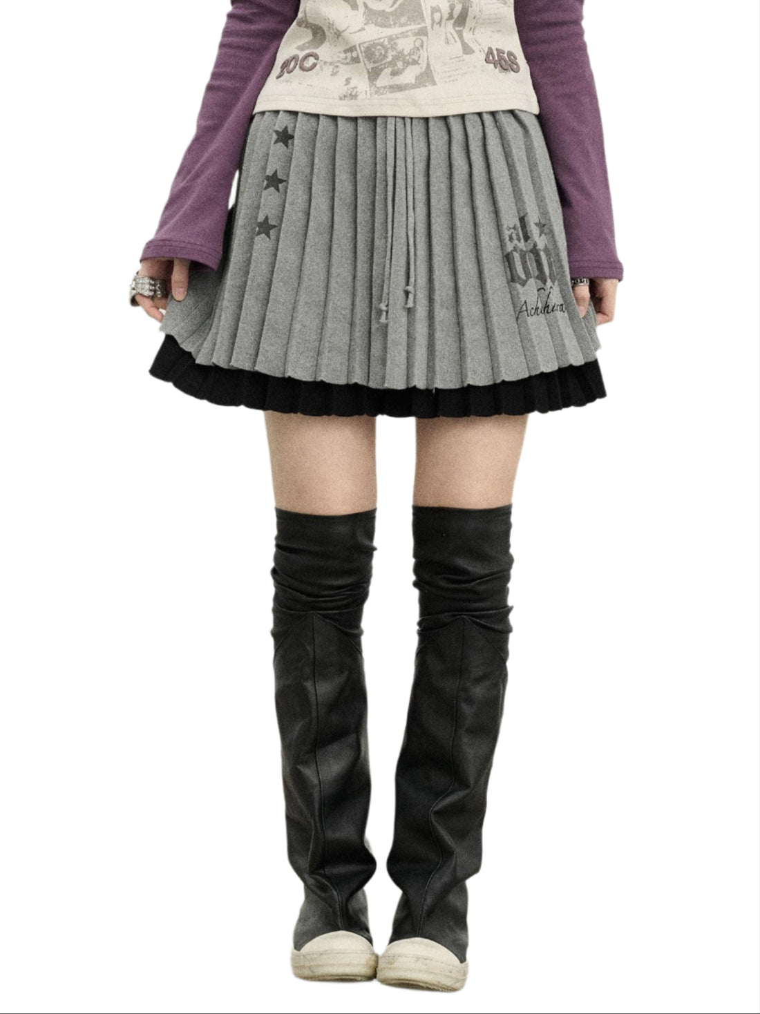Kissme Spring Knit Pleated Skirt in Gray Black A line Design
