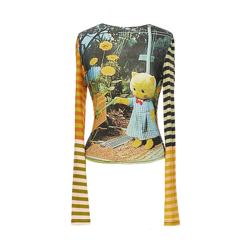 YOSHUYUKI Cat Garden Print Tee With Green Yellow Striped Sleeves V Neck T Shirt Long Sleeve