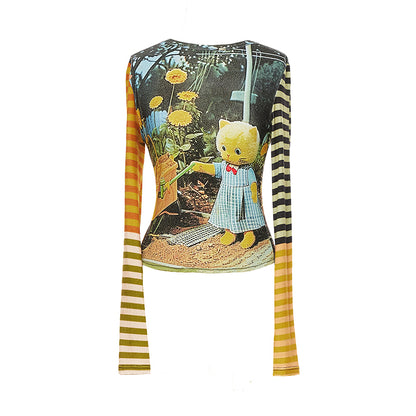 YOSHUYUKI Cat Garden Print Tee With Green Yellow Striped Sleeves V Neck T Shirt Long Sleeve