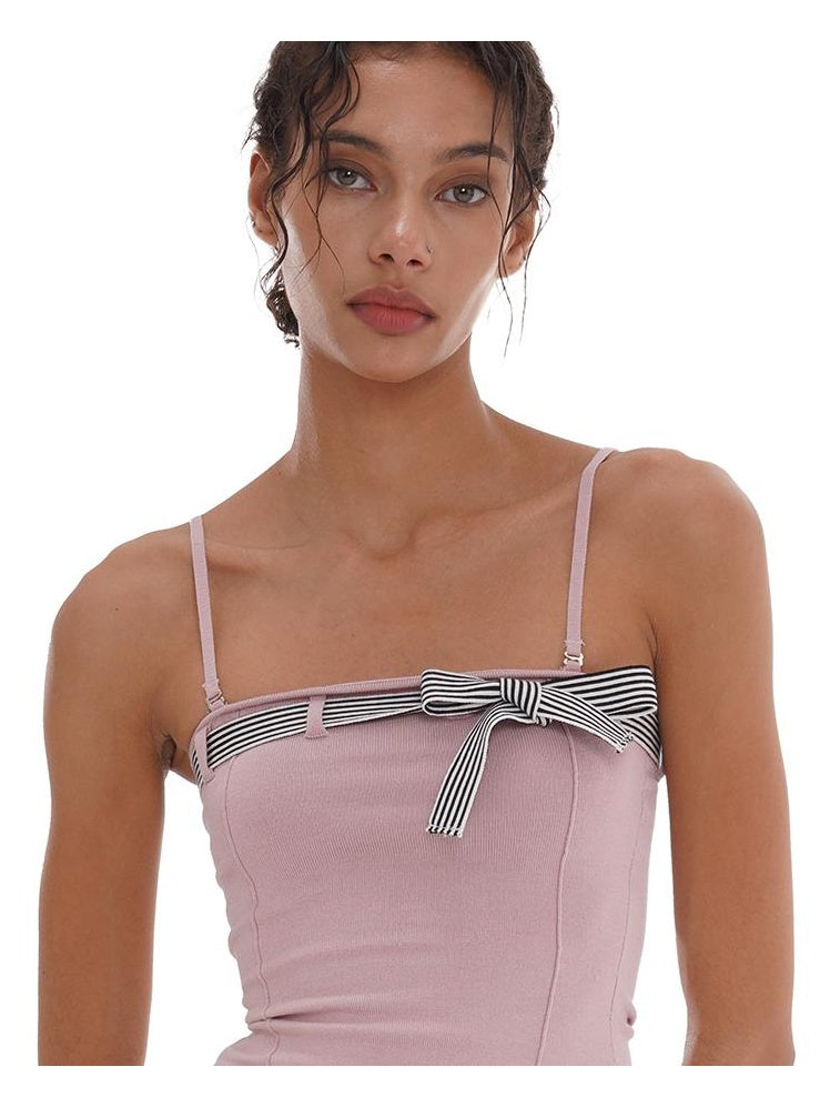 Knit Bow-Detachable Strapless Crop Top