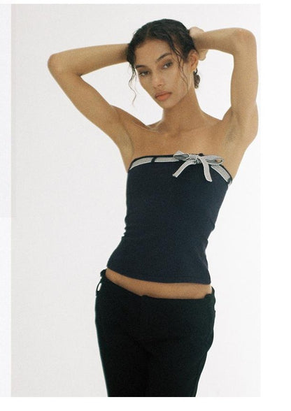 Knit Bow-Detachable Strapless Crop Top