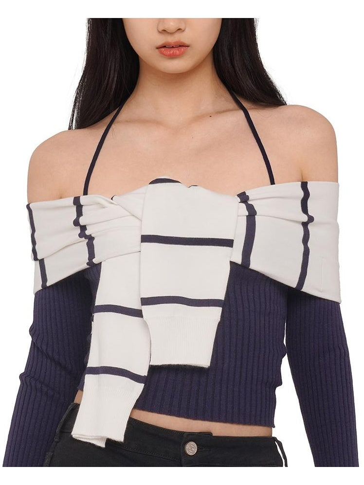 Knitted Halter Neck &amp; Striped Off-Shoulder Sweater Set