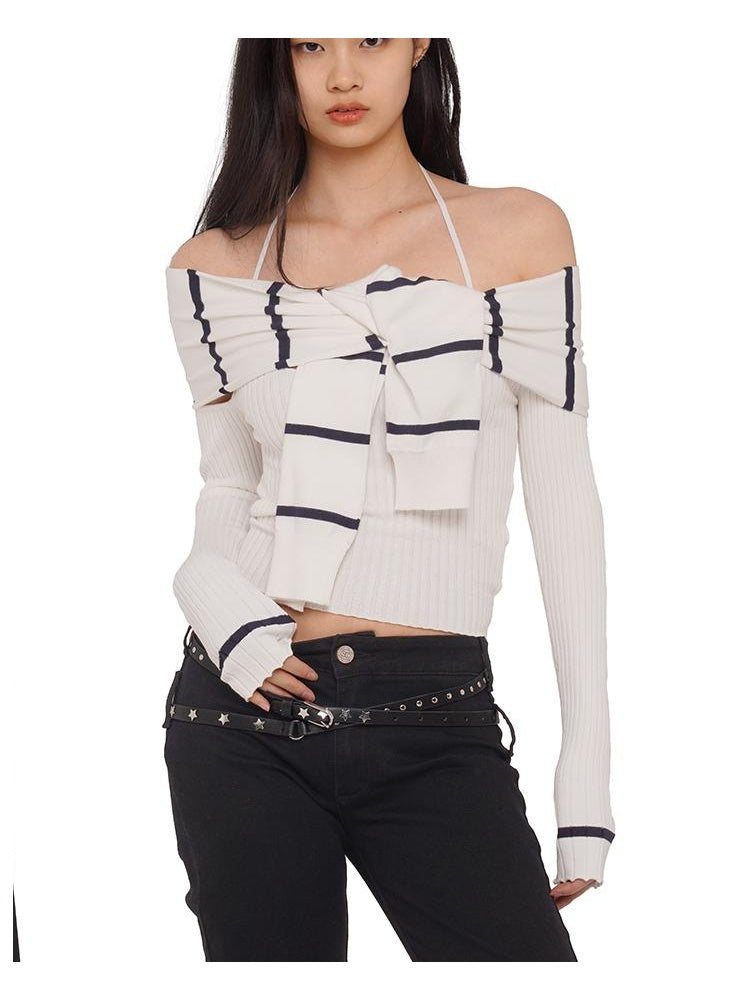 Knitted Halter Neck &amp; Striped Off-Shoulder Sweater Set