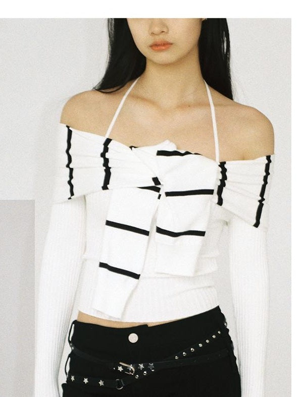 Knitted Halter Neck &amp; Striped Off-Shoulder Sweater Set