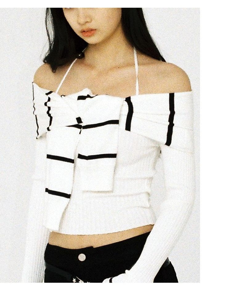 Knitted Halter Neck &amp; Striped Off-Shoulder Sweater Set