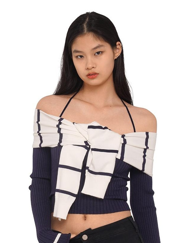 Knitted Halter Neck &amp; Striped Off-Shoulder Sweater Set