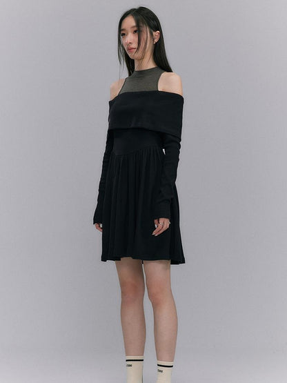 DIDDI MODA Knitted Off Shoulder Layered Dress With Embroidery