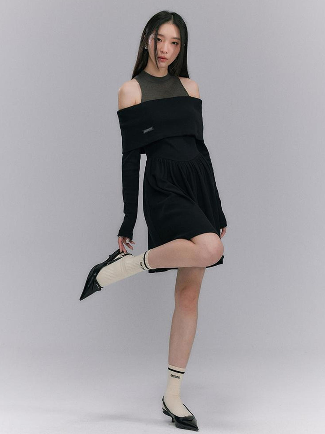 DIDDI MODA Knitted Off Shoulder Layered Dress With Embroidery