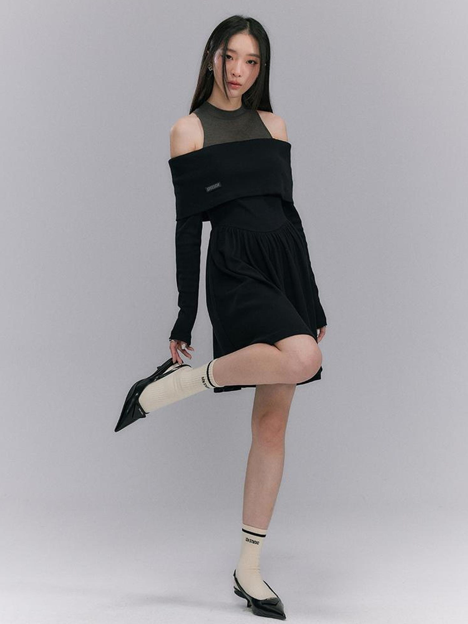 DIDDI MODA Knitted Off Shoulder Layered Dress With Embroidery