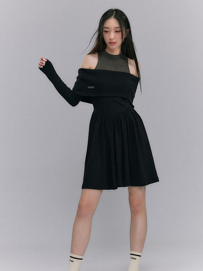 DIDDI MODA Knitted Off Shoulder Layered Dress With Embroidery