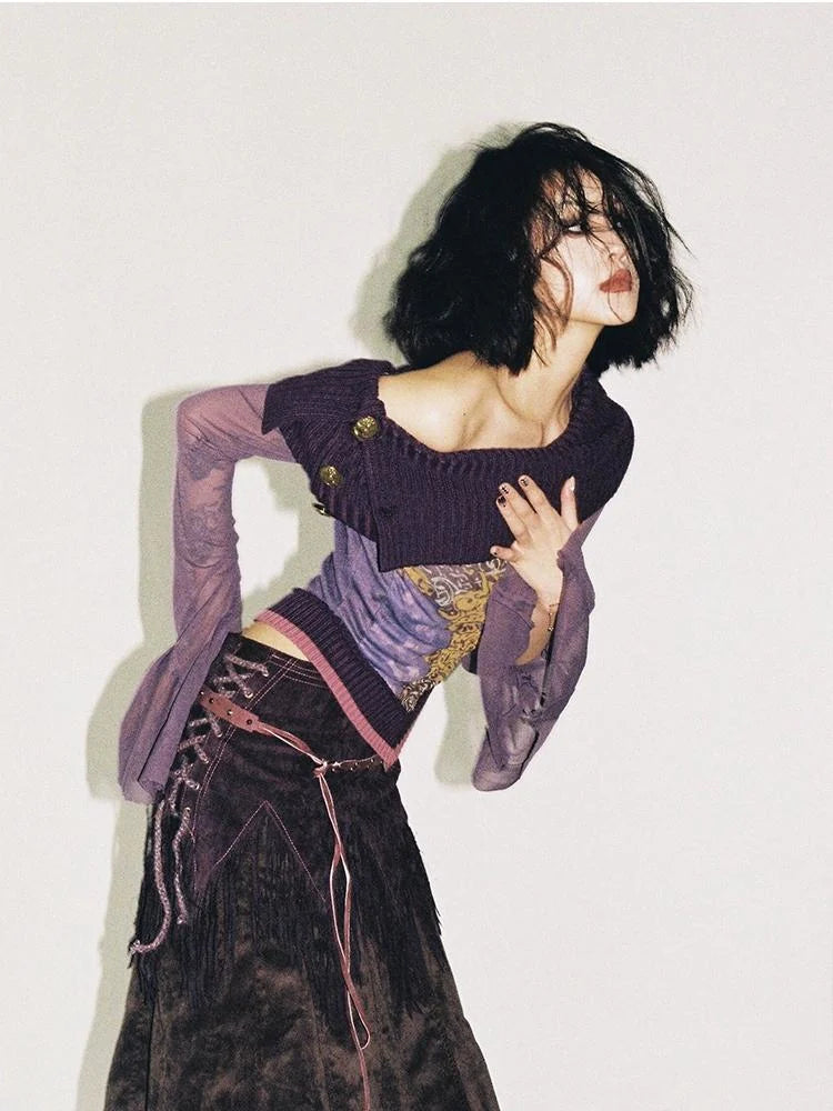 Knitted Pile Collar Printed Mesh