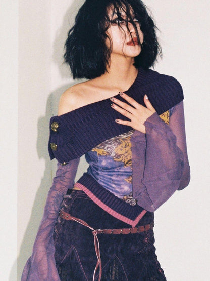 Flowers birds Market Knitted Pile Collar Printed Mesh