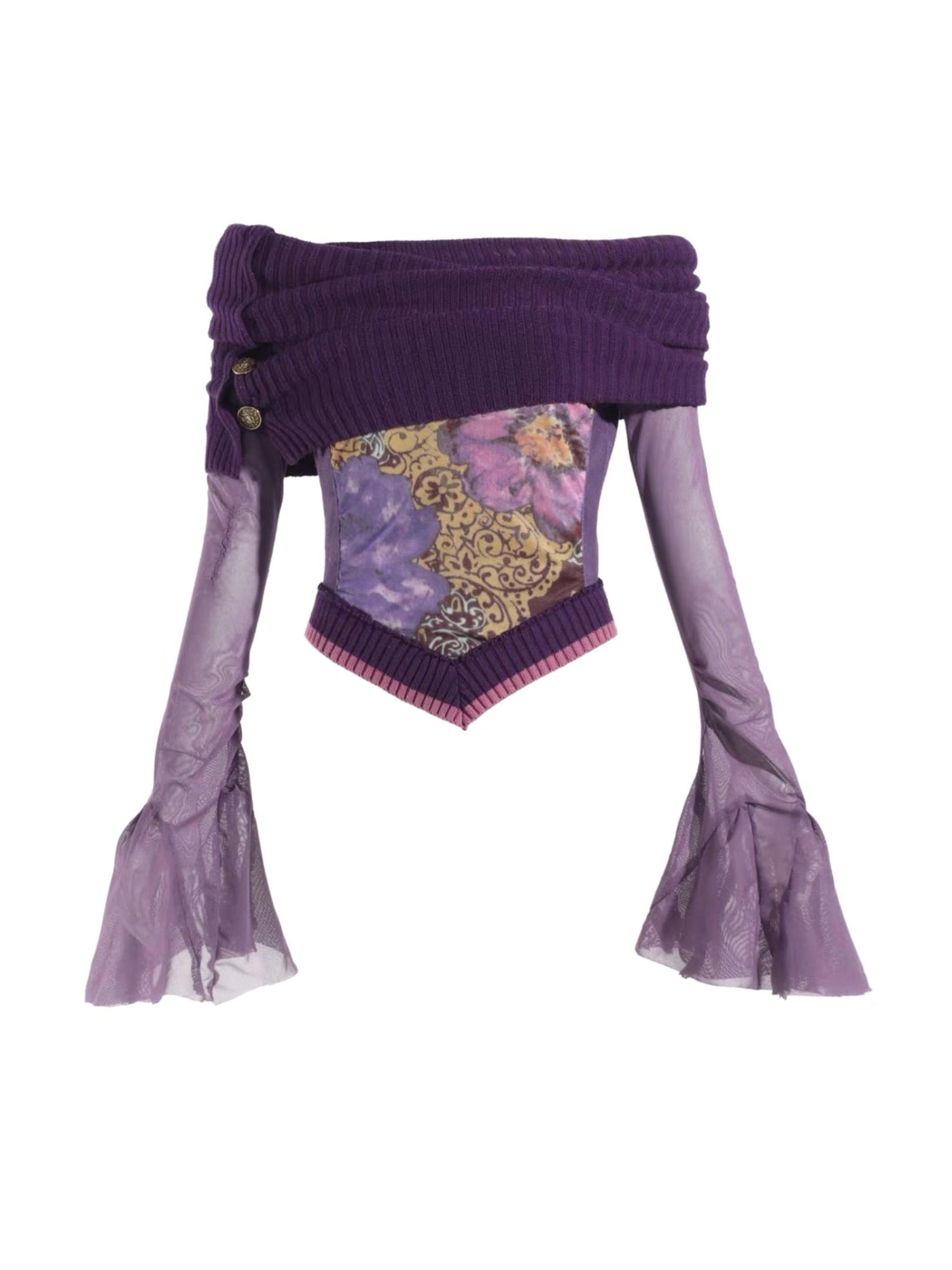 Flowers birds Market Knitted Pile Collar Printed Mesh