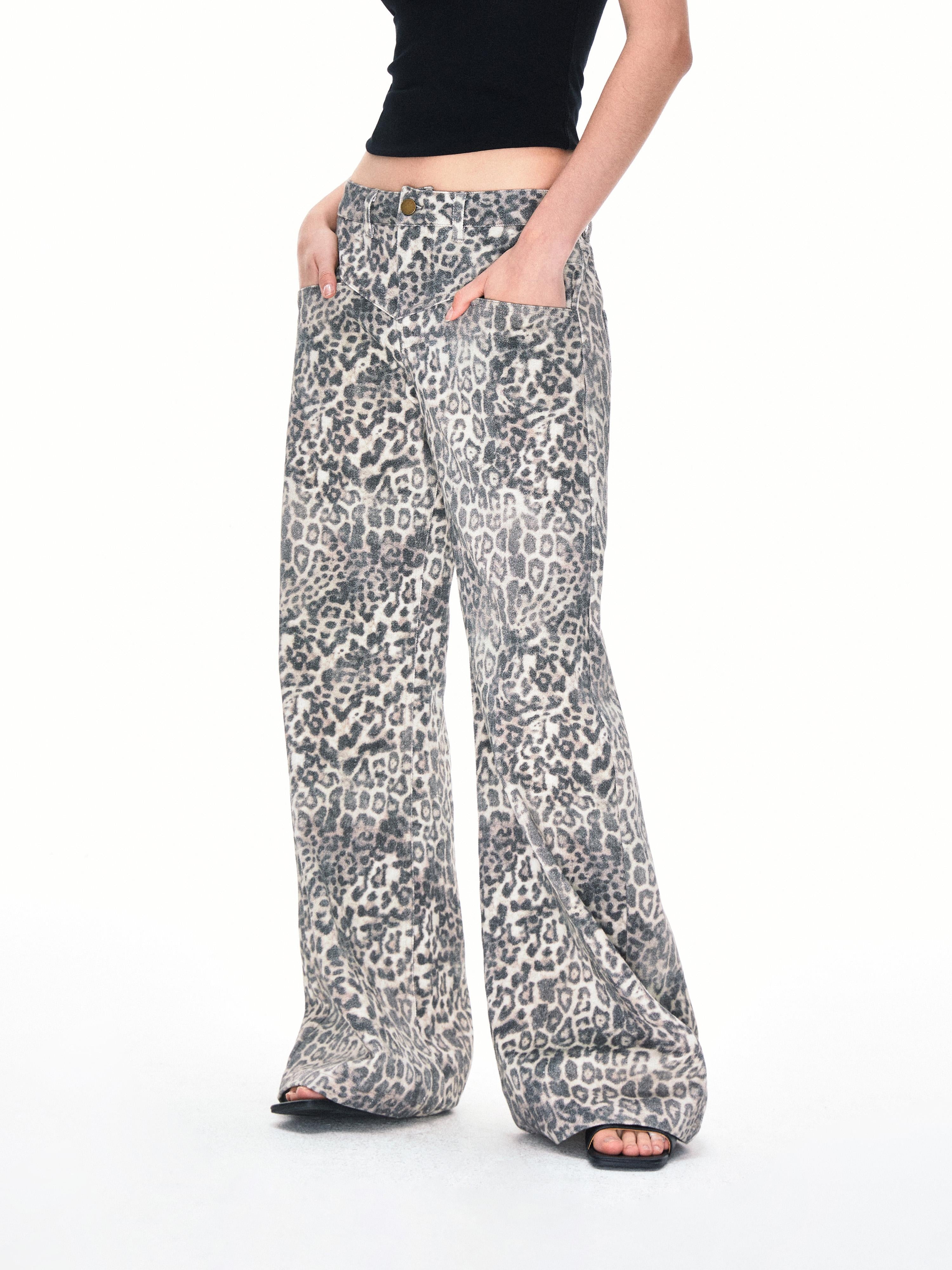 Kvkv 22Baggy Leopard Print Stand Cut Design22 American Retro Loose Wide Leg Curved Knife Crescent Denim Work Pants 28