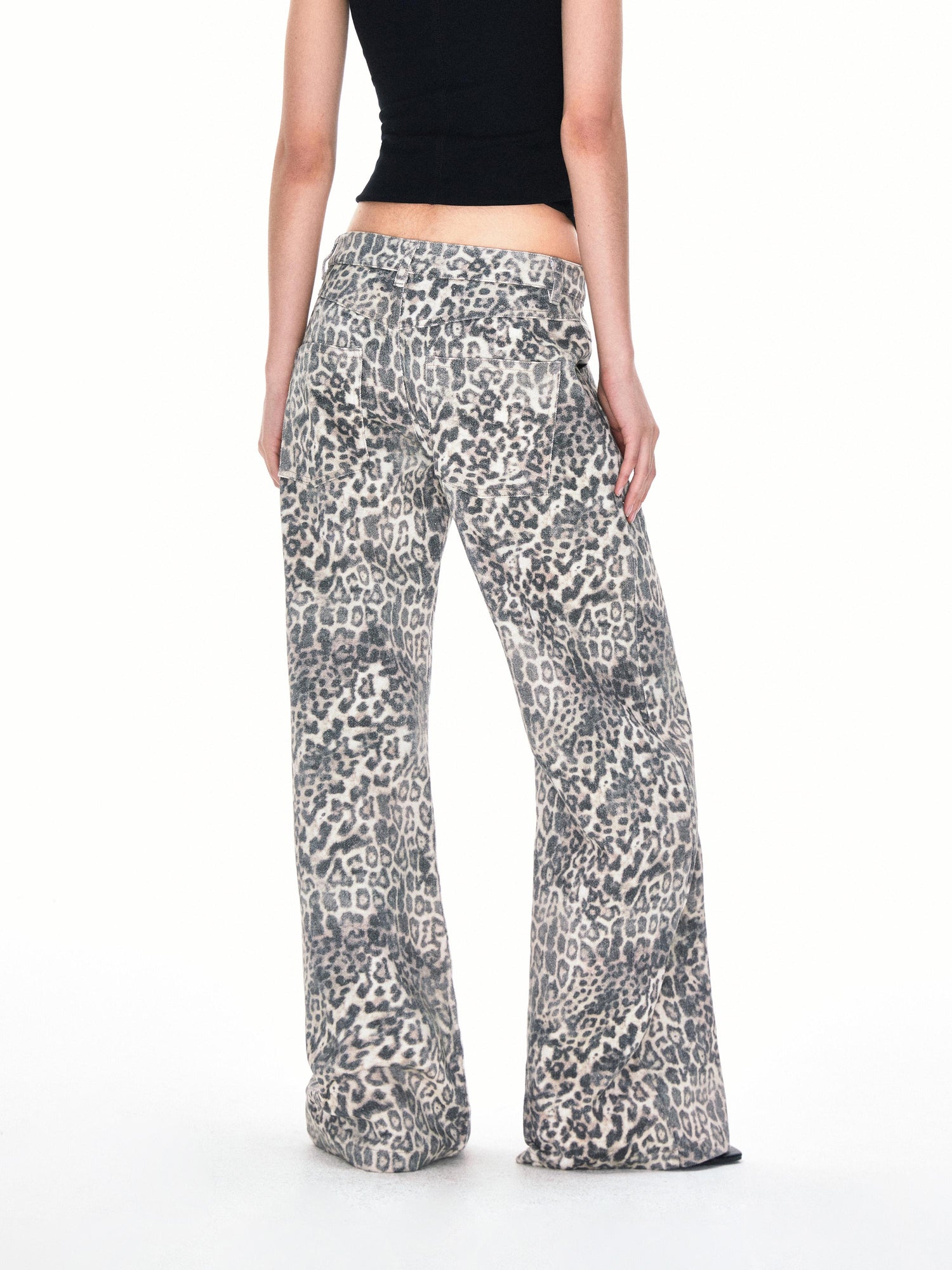 Kvkv 22Baggy Leopard Print Stand Cut Design22 American Retro Loose Wide Leg Curved Knife Crescent Denim Work Pants 35