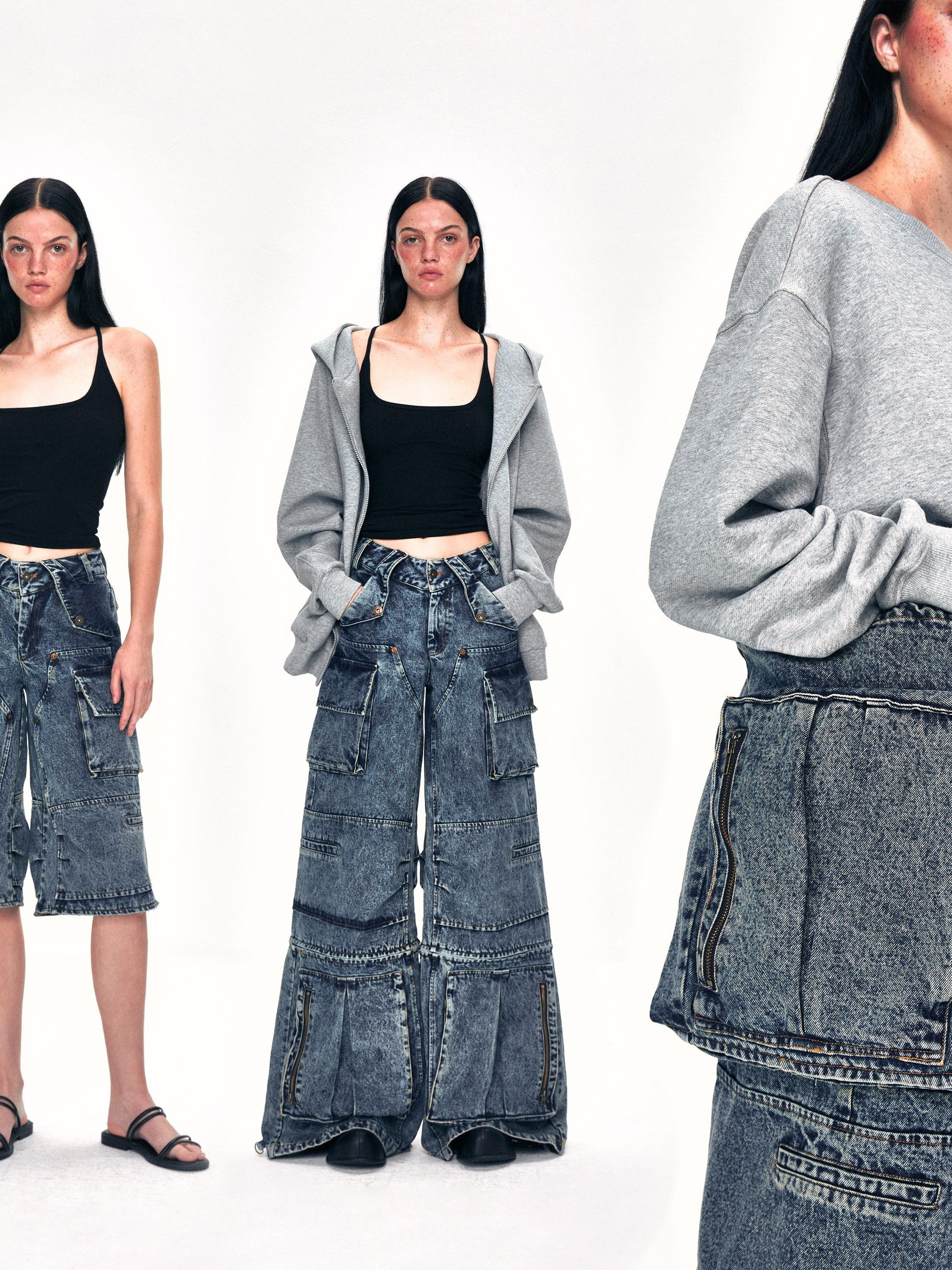 Kvkv 22Detachable Two Piece22 American Retro Workwear Pocket Heavy Wash Water Wide Leg Cropped Pants Mid Length Jeans 1