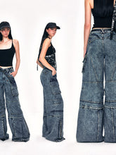 Kvkv 22Detachable Two Piece22 American Retro Workwear Pocket Heavy Wash Water Wide Leg Cropped Pants Mid Length Jeans 2