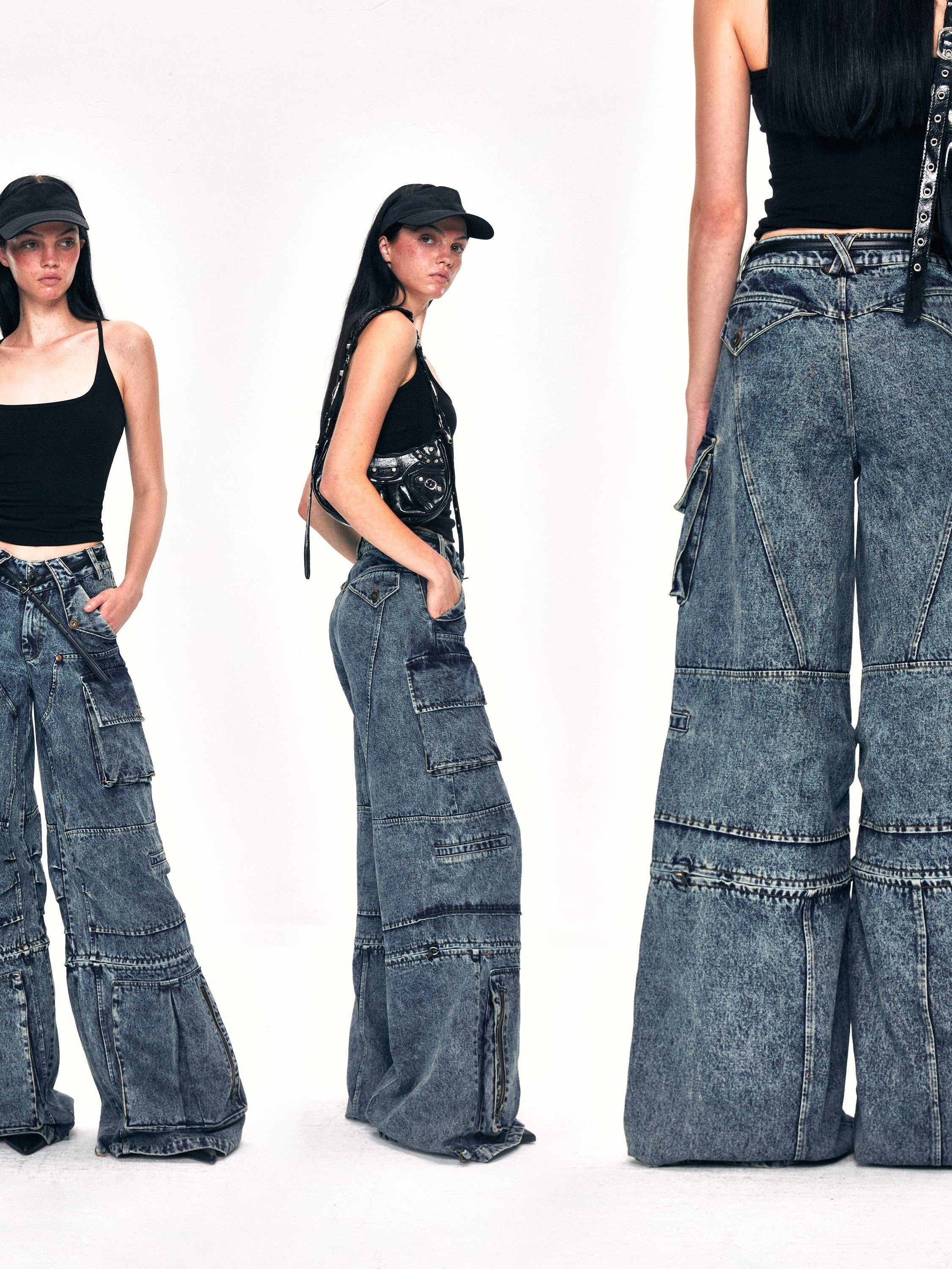 Kvkv 22Detachable Two Piece22 American Retro Workwear Pocket Heavy Wash Water Wide Leg Cropped Pants Mid Length Jeans 2