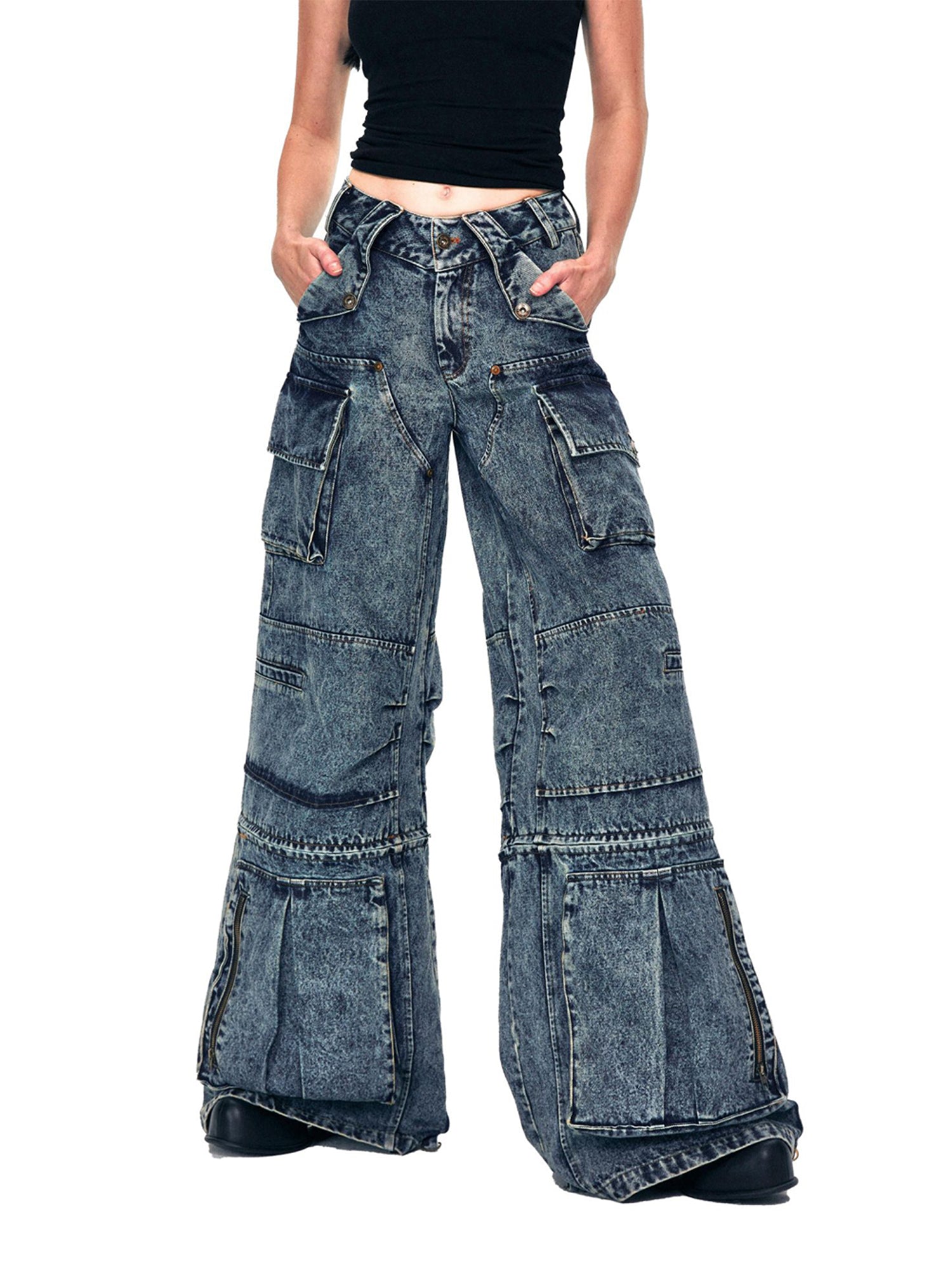 Kvkv 22Detachable Two Piece22 American Retro Workwear Pocket Heavy Wash Water Wide Leg Cropped Pants Mid Length Jeans 21