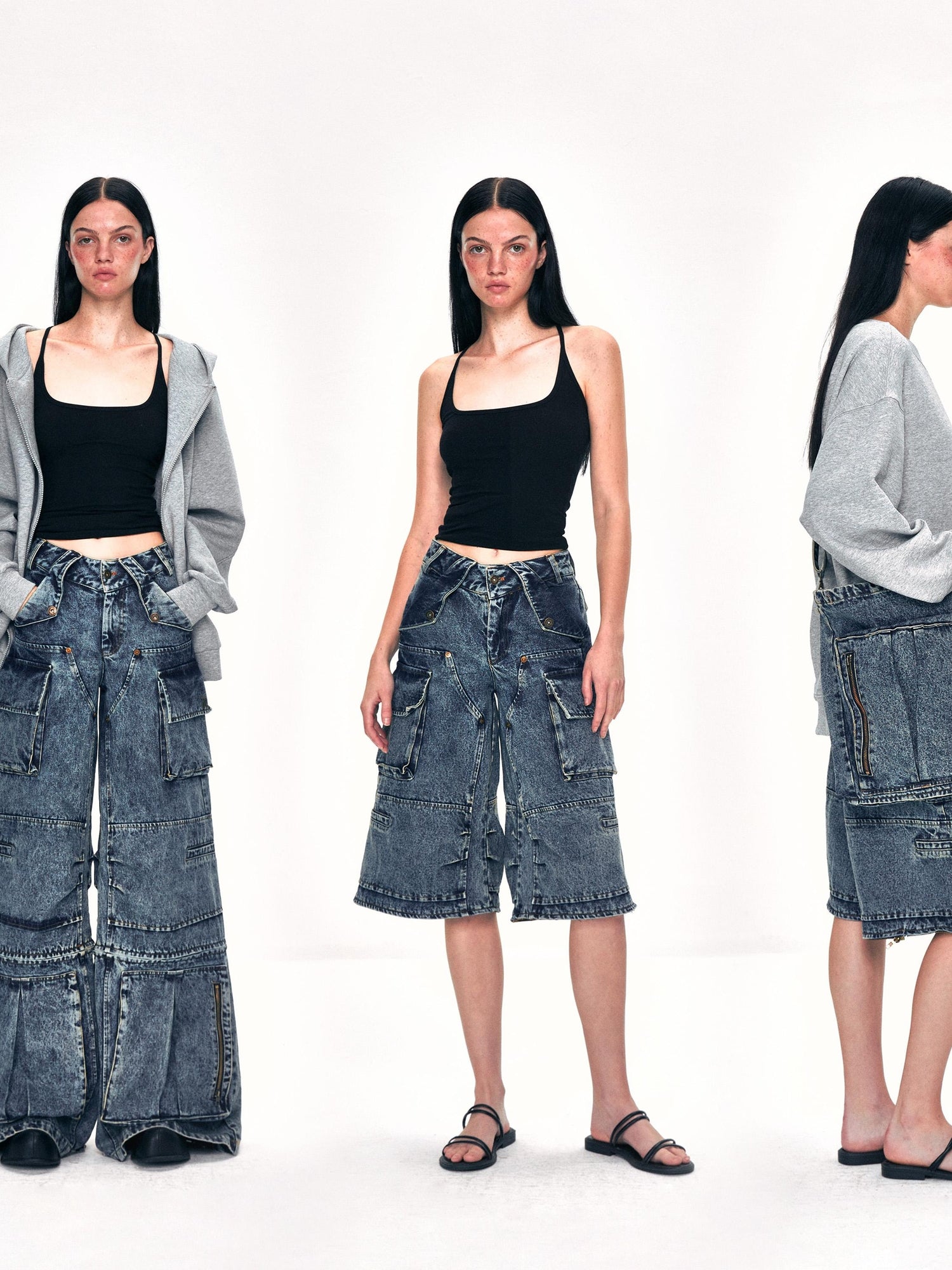 Kvkv 22Detachable Two Piece22 American Retro Workwear Pocket Heavy Wash Water Wide Leg Cropped Pants Mid Length Jeans 4