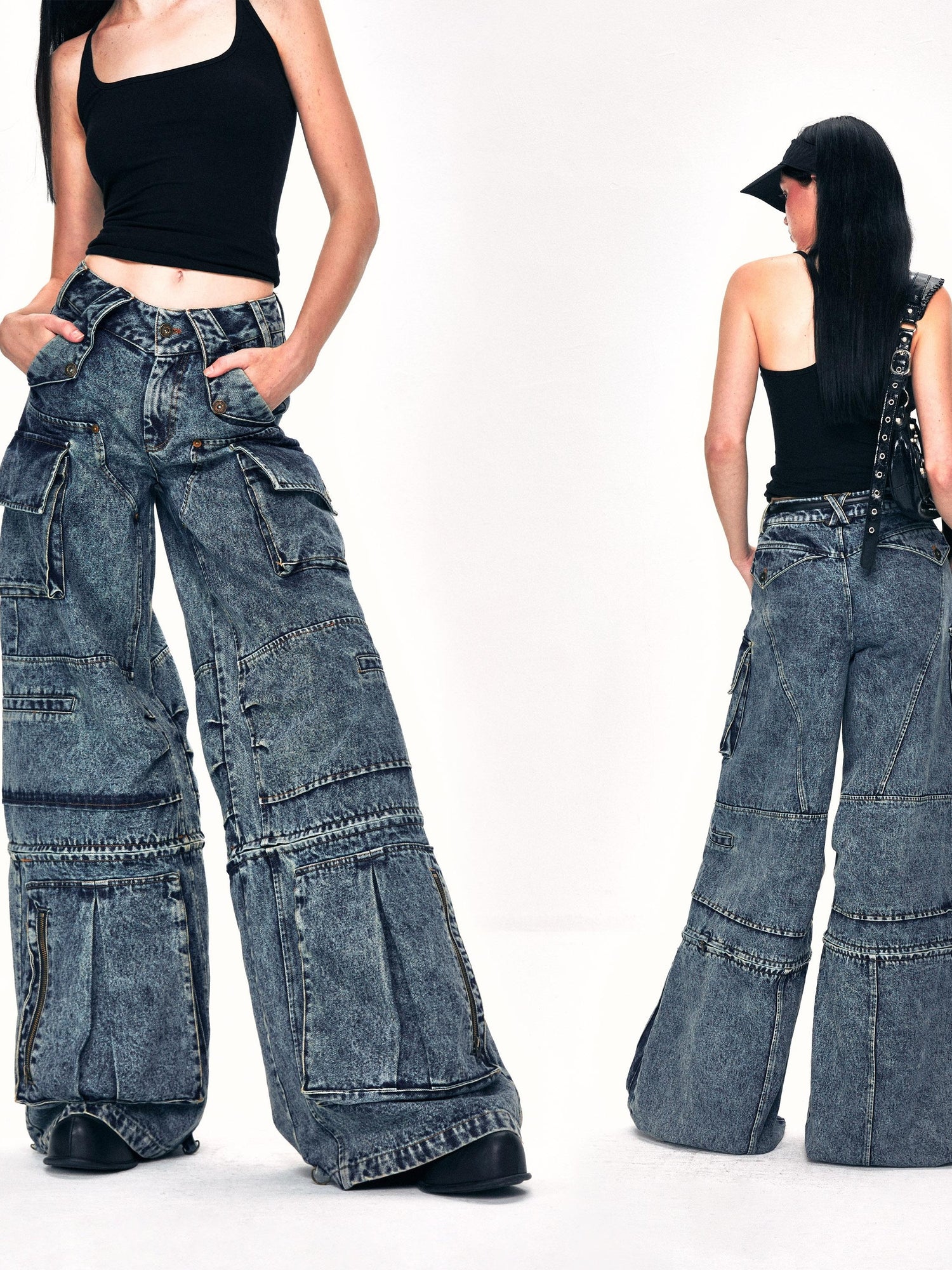 Kvkv 22Detachable Two Piece22 American Retro Workwear Pocket Heavy Wash Water Wide Leg Cropped Pants Mid Length Jeans 5