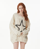 Kvkv 22Kstar22 Oversized Loose Distressed K Star Five Pointed Star Printed Logo Twisted Flower Sweater 14