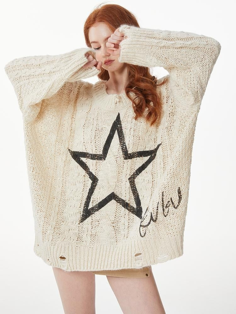 Kvkv 22Kstar22 Oversized Loose Distressed K Star Five Pointed Star Printed Logo Twisted Flower Sweater 3