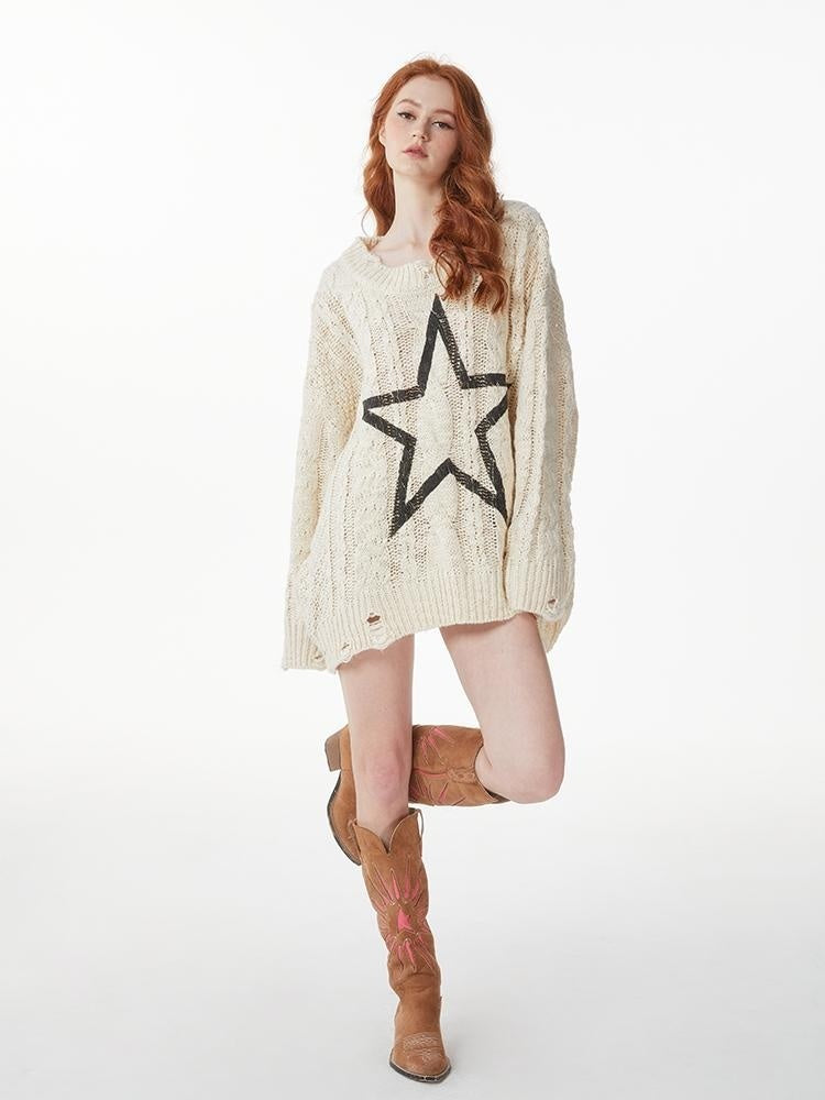 Kvkv 22Kstar22 Oversized Loose Distressed K Star Five Pointed Star Printed Logo Twisted Flower Sweater 4_b082b67f b739 4bfd a022 dfca5adb4046