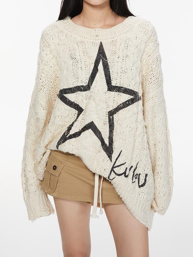 Kvkv 22Kstar22 Oversized Loose Distressed K Star Five Pointed Star Printed Logo Twisted Flower Sweater 6