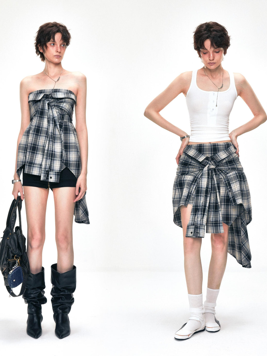 Kvkv 22Two Piece Design22 Plaid Fake Two Piece Strapless American Retro Layered Slim And Sexy Top 1