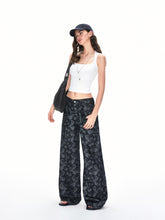 Kvkv Baggy V Shaped Waist Cashew Flower Print American Retro Lazy Loose Wide Leg Jeans 15