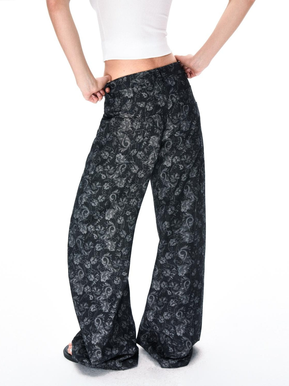 Kvkv Baggy V Shaped Waist Cashew Flower Print American Retro Lazy Loose Wide Leg Jeans 2