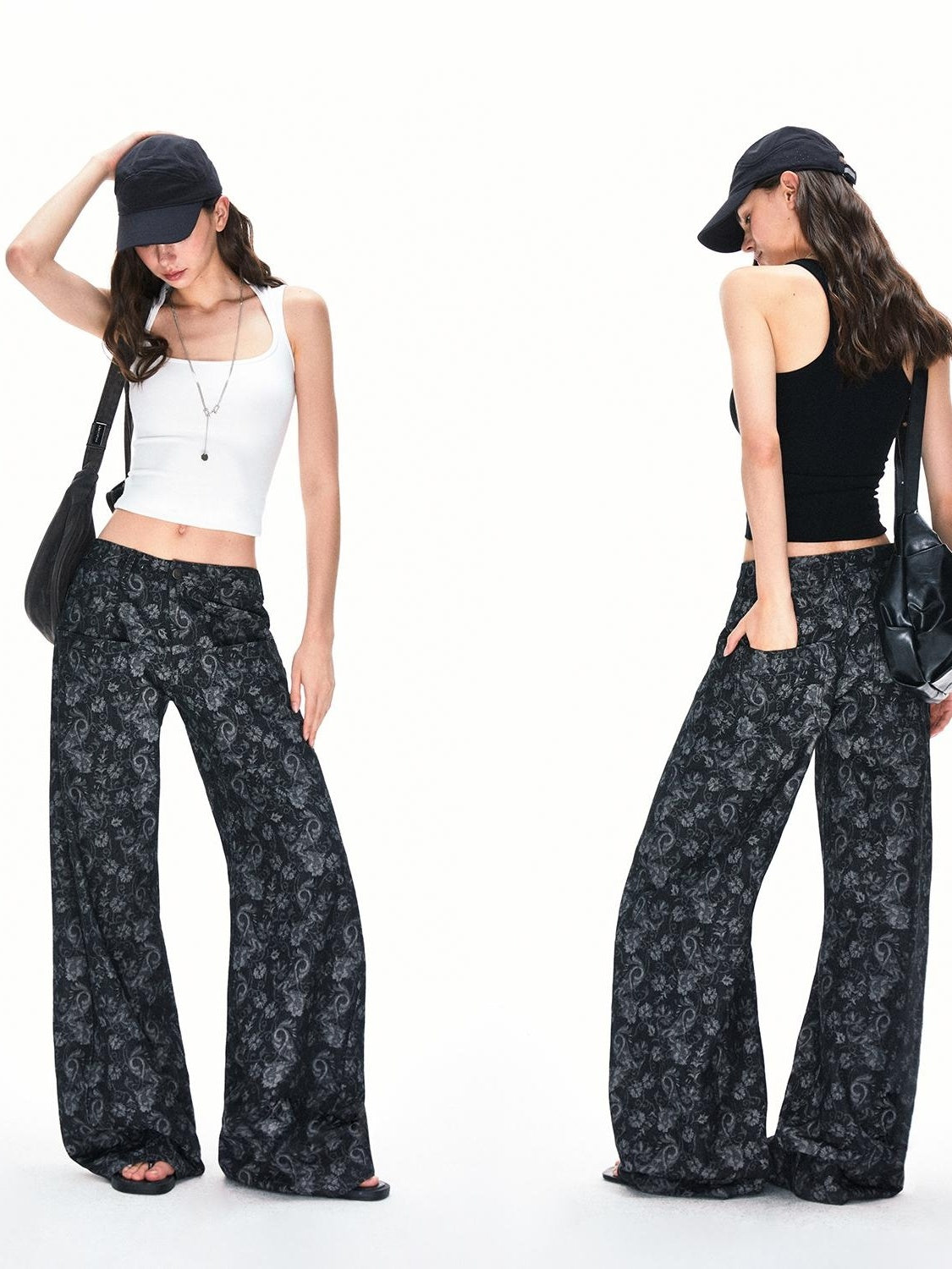 Kvkv Baggy V Shaped Waist Cashew Flower Print American Retro Lazy Loose Wide Leg Jeans 5