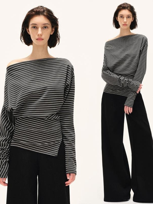 Kvkv Black And White Irregular Cut Striped Sloping Shoulder Slim Fit Waist Top Design Sense Niche Pure Desire Long Sleeved Women 2