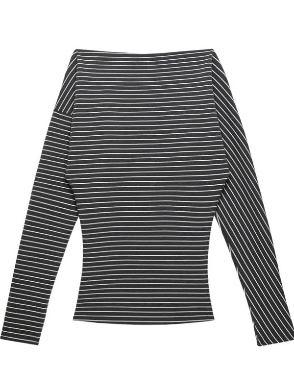 Kvkv Black And White Irregular Cut Striped Sloping Shoulder Slim Fit Waist Top Design Sense Niche Pure Desire Long Sleeved Women 5