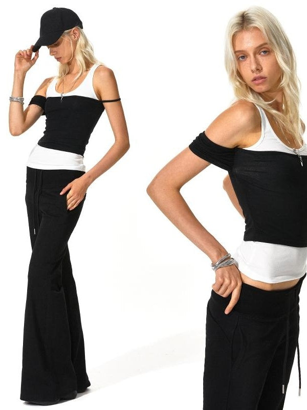 Kvkv Black And White Irregular Sleeves Fake Two Piece Vest 1